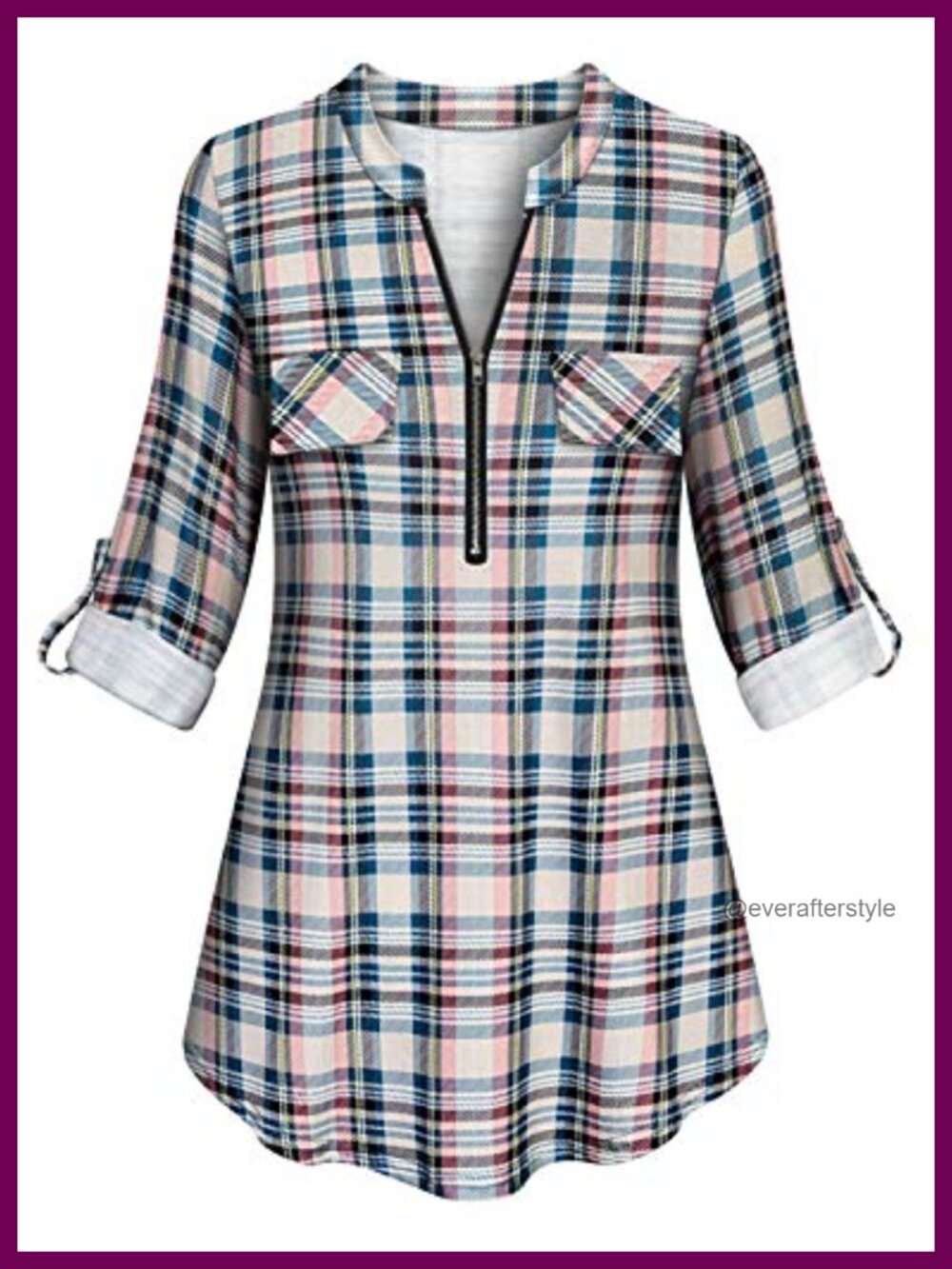 Womens Plaid Tunic Blouse Zip V Neck Roll Sleeve Loose Fit Casual Top